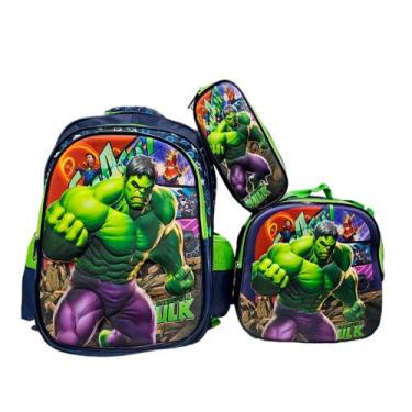 Imagem de Kit Mochila Hulk de Costas Escolar + Lancheira Térmica + Estojo Escola