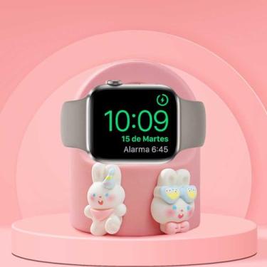 Imagem de Lindo carregador de coelho rosa para Apple Watch Series, suporte de mesa de silicone para iWatch, lindo suporte de estação de carregamento para iWatch, suporta modo criado-mudo