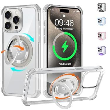 Imagem de WPCase Capa transparente para iPhone 15 Pro Max com suporte magnético giratório 360 [compatível com MagSafe], capa de grau militar resistente com suporte de anel para mulheres e homens, transparente