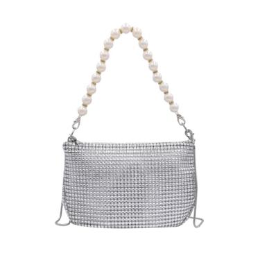 Imagem de AMPOSSTO Bolsa tiracolo moderna de strass para mulheres e meninas, bolsa de ombro com pérolas, bolsa de mão, Prata