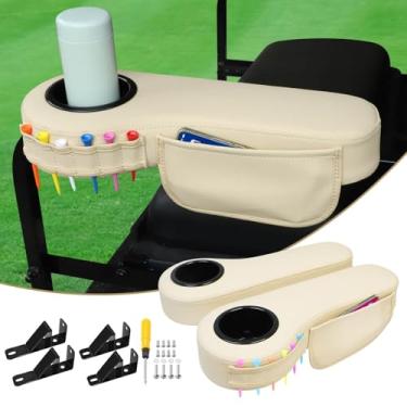 Imagem de LEAPGOMAX Apoio de braço para carrinho de golfe sem perfuração com suporte de copo para banco traseiro com tubo quadrado de 2,5 cm para EZGO Club Car Yamaha Golf Carts Braço Apoio de braço Moldura de Suporte Triangular Estável Atualizada