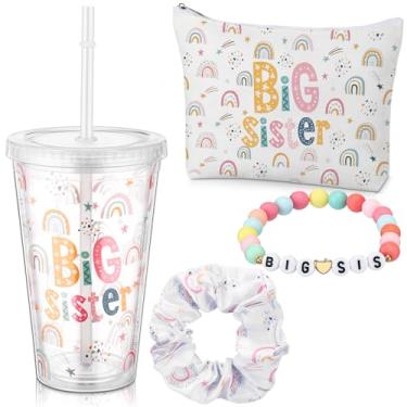 Imagem de Sieral 4 peças de presentes de irmã mais velha para meninas, bolsa de maquiagem para irmã mais velha, 425 g, copo de acrílico, pulseira para novos irmãos, presentes para meninas, chá de bebê de
