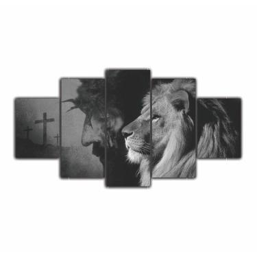 Imagem de Quadros Sala Leão Judá E Jesus + Cruz Religioso Preto/Branco