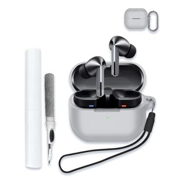 Imagem de Capa para Samsung Galaxy Buds 3/Buds 3 Pro AI True Wireless Bluetooth, capa protetora de silicone macio, portátil, resistente a arranhões, com kit de limpeza, mosquetão e cordão, cinza