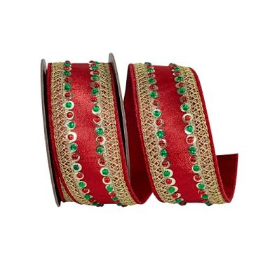 Imagem de Reliant Ribbon Fita de borda com fio dupla face metálica de luxo com acabamento de joias, vermelha