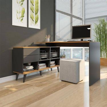 Imagem de Mesa Escrivaninha em L com Estante 145x76cm 2 Gavetas MDP Carvalho Cinza Menu Móveis