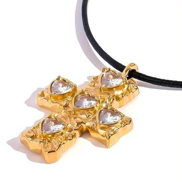 Imagem de WARIDAR MAX Colar com pingente de cruz de zircônia cúbica martelada banhada a ouro 18 K, brincos de pino | Colar hipoalergênico de luxo com cordão preto, brincos de pino | Colar com pingente de fé
