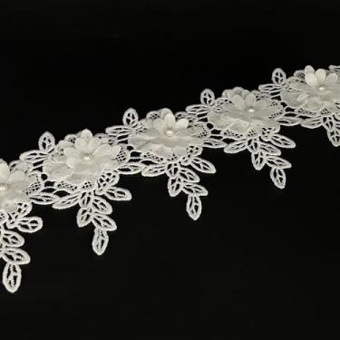 Imagem de 1 jarda flor branca contas pérola fita acabamento borda renda apliques florais tecido bordado renda para casamento vestido de noiva roupas fantasia chapéu decoração (branco, 1 jarda)