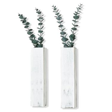 Imagem de 2 pacotes de vasos de parede de madeira com eucalipto de planta artificial, decoração de parede de plantas para sala de estar, quarto, sala de jantar, banheiro, escritório, vaso de parede com plantas