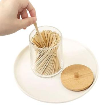 Imagem de 2 Porta Cotonete Organizador Algodão Acrílico Tampa De Bambu