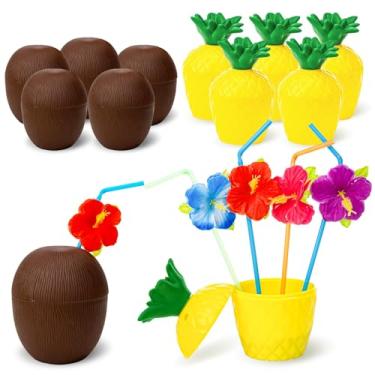 Imagem de FUTUREPLUSX Copos de coco de abacaxi tropical, 12 peças de copos de sabor havaiano tropical com tampas e canudos para festas de carnaval, celebrações de aniversário, festas havaianas