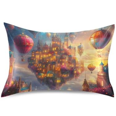Imagem de Fronha colorida de cetim com céu da cidade flutuante para cabelo estampado travesseiro refrescante padrão Queen King fronhas estéticas, tamanho Queen, 76 cm x 50 cm