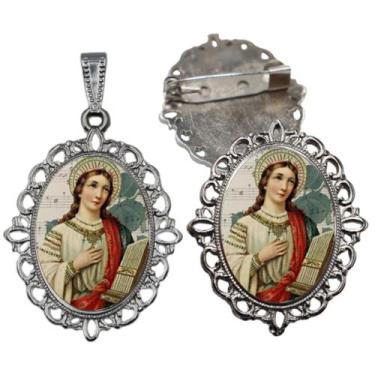 Imagem de Broche com Relicario Cor Prata Santa Cecilia Terno Noivo lapela Qualid