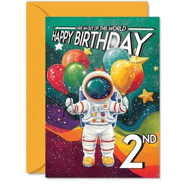 Imagem de Stuff4 Cartão de aniversário de 2º aniversário menino - traje espacial astronauta - Cartão de aniversário do espaço sideral para menina de 2 anos, cartões de 2 anos de idade para meninos e meninas