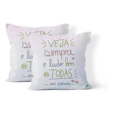 Imagem de Almofada Branca Veja Sempre O Lado Bom De Todas As Coisas 40cm X 40cm 