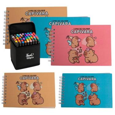 Imagem de Kit 5 Livro De Colorir Capivara 120 Canetinhas Ponta Dupla - Toys 2u