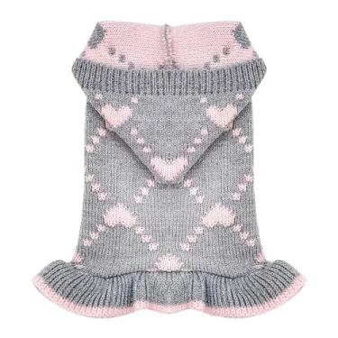 Imagem de HRTTSY Lindo suéter de cachorro macio quente outono inverno roupas femininas para cães gatos com furo de trela corações rosa com capuz vestido de cachorro para cães pequenos, meninas, chihuahua