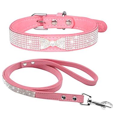 Imagem de haoyueer Lindo conjunto de coleira de cachorro com strass de couro de camurça macio e brilhante, brilhante, brilhante, brilhante, brilhante, cristal, gato, cachorro, cachorro, coleira para cães (XP,