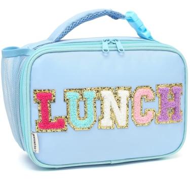 Imagem de FlowFly Lancheira infantil, lancheira escolar com isolamento durável com suporte de garrafa, bolsa térmica pequena térmica para meninos e meninas adolescentes, BlueWithLetter