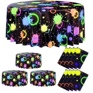 Imagem de Oudain Toalhas de mesa de festa Neon Glows para festas 213 cm redondas descartáveis de plástico que brilham no escuro para decoração de aniversário, luz negra, chá de bebê (preto, 12 peças)
