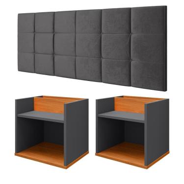 Imagem de Kit 2 Mesas Suspensa Madri Nicho Aparador Lateral Cabeceira Bia 1,60 Painel Cama Box Queen Size Suede Quarto - Cinza/Cinamomo