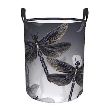 Imagem de Cesto de lavanderia cinza Dragonflies dobrável à prova d'água cesto de armazenamento de roupas com alças pano oxford organizador de brinquedos cesta para banheiro, lavanderia, quarto, médio