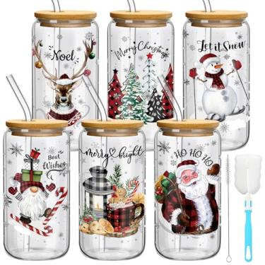 Imagem de Yetene Conjunto de 6 copos de vidro de Natal vermelho preto buffalo, xadrez, decoração de Natal, 473 ml, copos de café gelado com tampas e canudos, 2 pincéis para smoothie café gelado, leite, cerveja