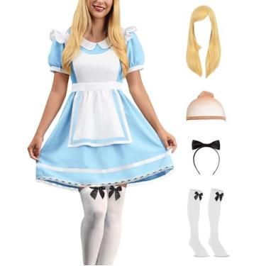 Imagem de Fantasia feminina de Halloween azul e branco vestido de princesa Aliec mangas bufantes cintura elástica bainha de renda avental peruca meias faixa de cabeça P