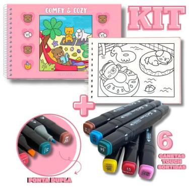 Imagem de KIT Livro Comfy e Cozy ROSA Para Colorir + 6 Canetas Touch Pontas Dupl