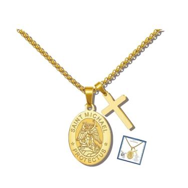 Imagem de Liuanan Colar com pingente de São Miguel Arcanjo para homens, joia de proteção cristã, corrente de cruz religiosa de aço inoxidável para ele, presentes católicos para confirmação, primeira comunhão