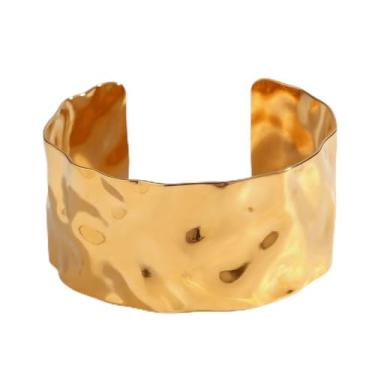 Imagem de Bracelete Grosso Largo Prata Dourado Aço Inoxidável Banhado Ouro 18K Amassado Martelado-Pulseira Feminina Rígida Aço Cirúrgico Fluido Antebraço Aberto Cuff Elegante Moderno-Presente Feminino Orgânico Assimétrico Inoxidável (Dourado)