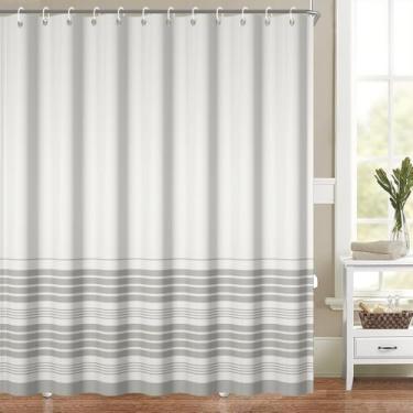 Imagem de Cortina de chuveiro cinza boho para banheiro, moderna, boêmia, listras de fazenda, conjunto de decoração de banheiro, clássico, listrado, lavável na máquina, tecido de poliéster impermeável com