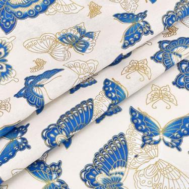 Imagem de MAYJOYDIY 1,1 jardas x 58,3 polegadas tecidos de algodão estampado borboleta japonesa branca, tecido acolchoado estilo japonês, design bronzeador para costurar, roupas, bolsa, toalha de mesa, sofá