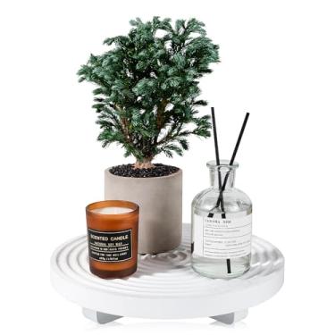 Imagem de Bandeja redonda de madeira para decoração de banheiro de fazenda, bandeja de pia de cozinha para saboneteira, perfume, vela, esponja, jarra, 23 cm, branca