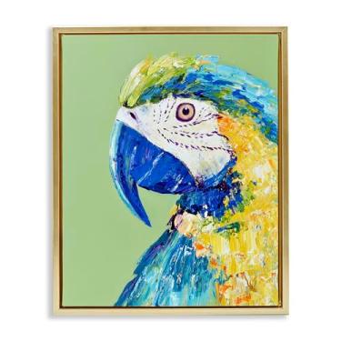 Imagem de Stupell Industries Arte de parede em tela flutuante emoldurada em ouro verde papagaio arara, design por Jennifer Seeley, 21 x 17