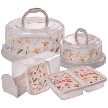 Imagem de Kit 4 PEÇAS - Boleira c/ base de Rosca + Queijeira c/ base de Rosca + Porta Torradas c/ Gaveta Deslizante + Porta Frios c/ 2 Divisórias Independentes + Garrafa para Água e Suco Paris 1,8L - Marmorizado Decorado estilo Floral Plasútil