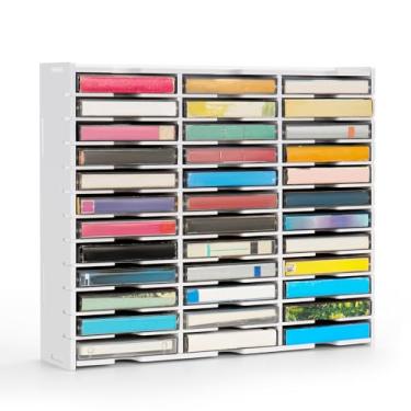 Imagem de SANFURNEY Rack de armazenamento de fita cassete com 36 compartimentos, organizador de fitas de áudio de mesa, suporte de cassete de áudio montado na parede - branco