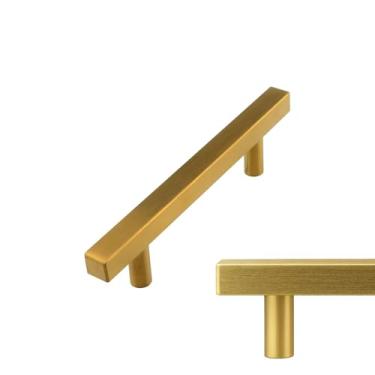Imagem de Modket Puxador em T escovado em latão acetinado dourado — espaçamento dos furos de 96 mm, comprimento total de 15 cm — pacote com 10 ferragens modernas para gaveta de armário de cozinha