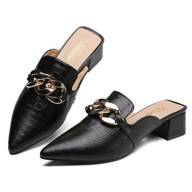 Imagem de Tilocow Sandálias femininas de salto grosso com corrente de metal para decoração de bico fechado para mulheres sem costas nuas, Corrente preta cobra, 38