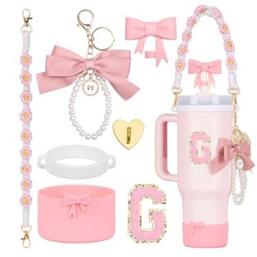Imagem de Rabrgab Conjunto de acessórios para copo Stanley rosa de 7 peças – topo de palha com laço, pingente de laço fofo, bota de silicone com design de laço, alça de alça de garrafa de água e adesivo de