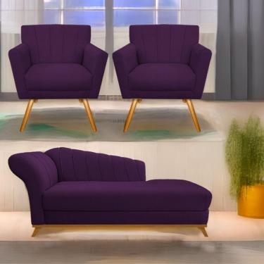 Imagem de Kit Diva Recamier Vanessa 160Cm Lado Direito E 02 Poltronas Laura Suede Cor Roxo