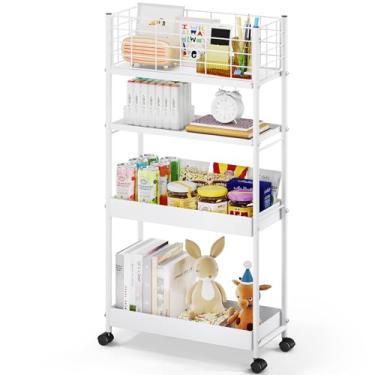 Imagem de KINGRACK Carrinho de armazenamento fino, carrinho utilitário de 4 camadas com rodas, carrinho de armazenamento deslizante, carrinho de armazenamento skinny, carrinho de armazenamento para escritório, cozinha, banheiro, local estreito, branco