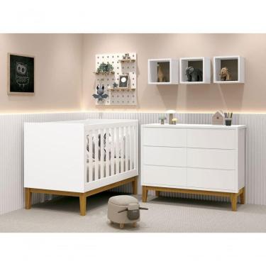Imagem de Jogo De Quarto Para Bebê Classic New Branco Fosco Com Madeira - Moveisaqui
