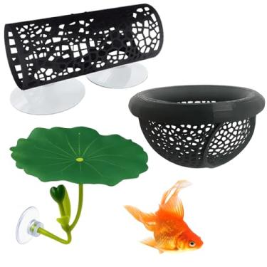 Imagem de ZHLKHIOP Conjunto de 3 peças, decoração de aquário grande, preto e pequeno, com lótus, brinquedos de peixe Betta para aquário, rede beta para aquário