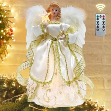 Imagem de Topo de árvore de Natal Angel com luzes, 8 modos e temporizador, enfeite de árvore de anjo iluminado de 30,5 cm, com controle remoto, decoração de árvore de anjo, operado a bateria, com asas de penas