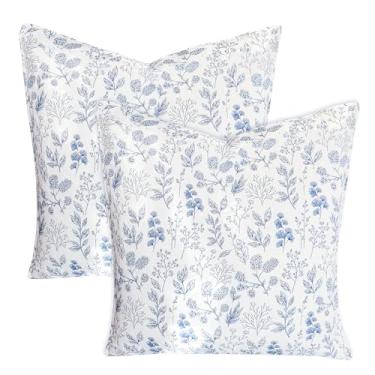 Imagem de Sanracie Capas de almofada de algodão Euro (66 cm x 66 cm), fronhas de almofada com estampa de bordado, extra macia, respirável, fecho de zíper, capas de almofada acolchoadas, folhas azuis, 2 peças
