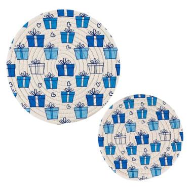 Imagem de Wassud Bold Blue Presents Conjunto de trivet para pratos quentes, porta-panelas redondas de algodão, almofadas quentes, porta-copos elegantes, decoração de cozinha e acessórios, 2 peças