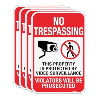 Imagem de T&R (Pacote com 4) Placas grandes sem invasão de propriedade privada, placa de vigilância por vídeo com símbolo, 45,7 cm x 30,5 cm, folha reflexiva de grau de engenheiro, alumínio sem ferrugem