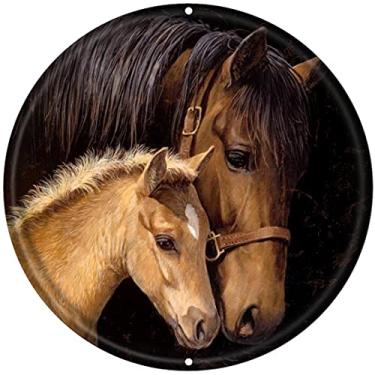 Imagem de WZVZGZ Placa de metal redonda decoração de parede rústica, decoração de imagem de animal de cavalo presente para casa, adequado para casa e cozinha, bar, homem, caverna, café, garagem, decoração de