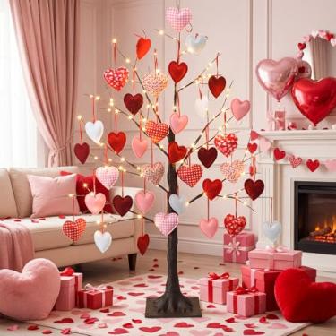 Imagem de Yunlly 900 cm de árvore de bétula iluminada para o dia dos namorados com coração rosa e vermelho, 120 LEDs, árvore artificial para decoração de casa e aniversário de casamento